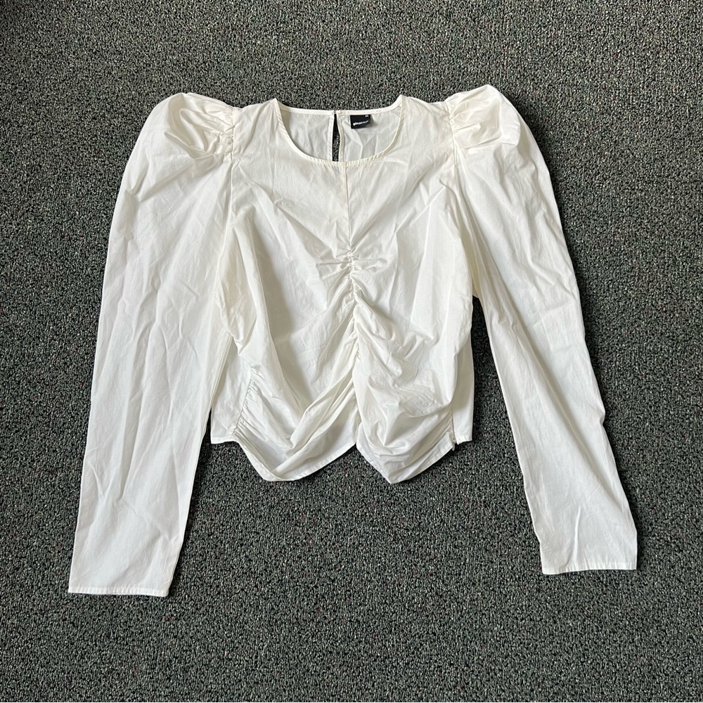 White Puff Long-Sleeve Ruched Detail Corset Modest Cute Blouse Shirt Top Sz M-L - Picture 10 of 15